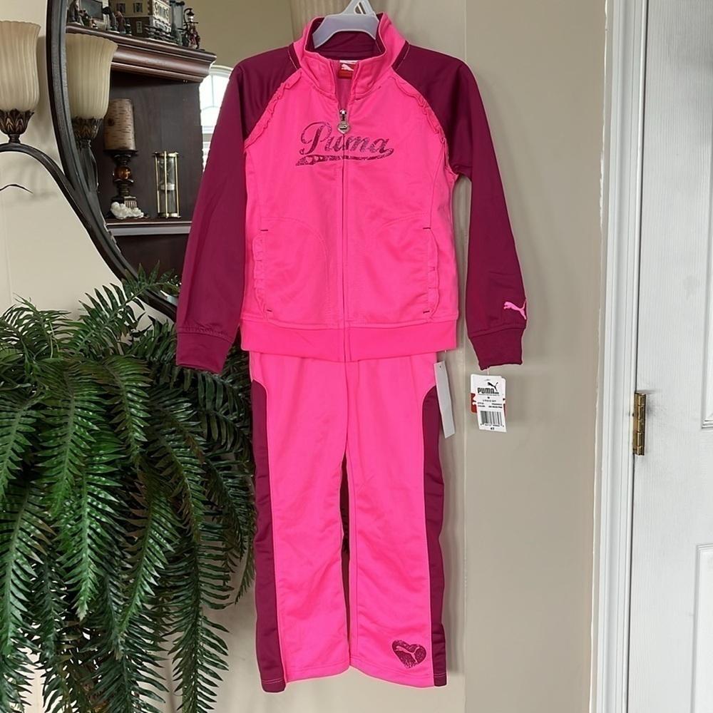 Brand New Puma Neon Pink Tracksuit Zip Up Track Jacket & Pants Glitter Ruffle